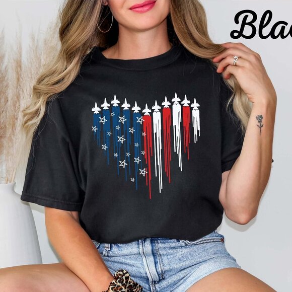 Patriotic Jet Heart Shirt | Military USA Graphic Tee | 4th of July Shirt - Picture 1 of 1